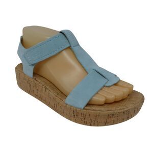 Earth Shari Blue Leather Open Toe Cork Wedge Heel Platform Sandals